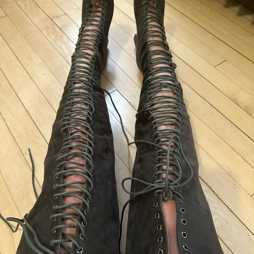 Lace-Up Over-the-Knee White Fox Boots in Brown Suede